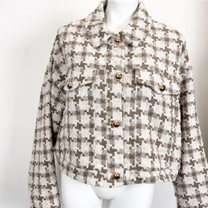 NWT OPHELIA ROE TAUPE CREAM HOUNDSTOOTH CROP JACKET PLUS OVERSIZED GOLD …